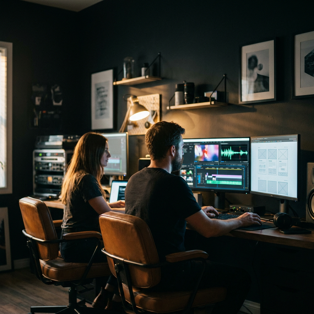 Creative team editing video and web design mockups at a multi-monitor desk in a dark studio